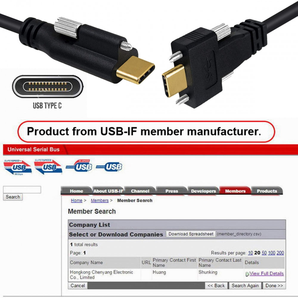 USB 3.1 Type-C Male Single Screw to Dual Thumbscrew USB-C 10Gbps Data Cable Straight Panel Mount Type