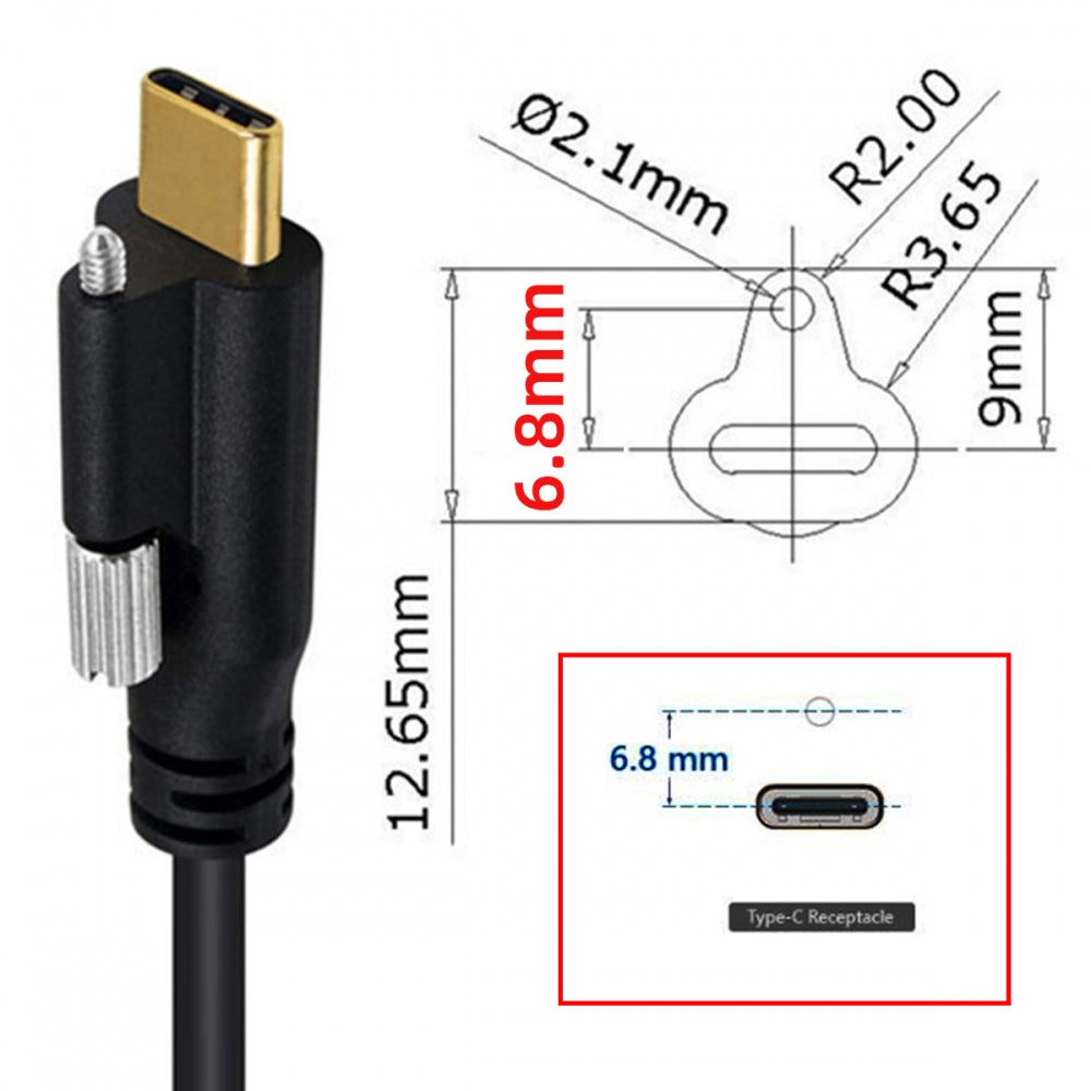 USB 3.1 Type-C Male Single Screw to Dual Thumbscrew USB-C 10Gbps Data Cable Straight Panel Mount Type