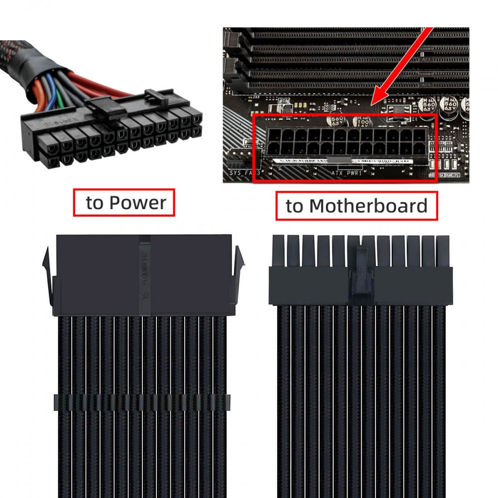 ATX3.0 24Pin Male to ATX 24pin Female Extension Power Cable Cord 30cm with Sleeve for Mainboard Motherboard Desktops PC Supply