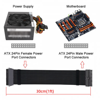 ATX3.0 24Pin Male to ATX 24pin Female Extension Power Cable Cord 30cm with Sleeve for Mainboard Motherboard Desktops PC Supply