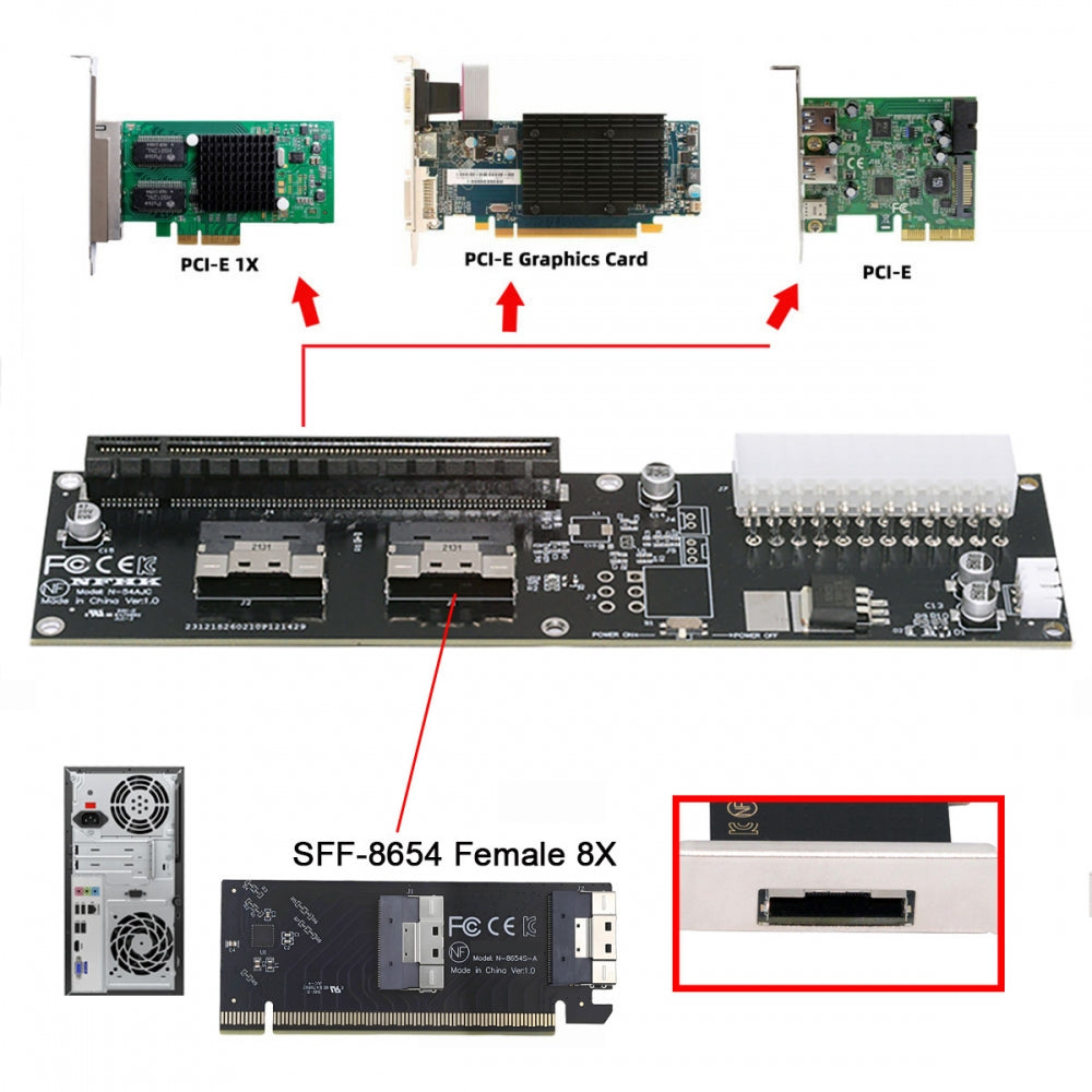 Dual Slimline 8X SFF-8654 74Pin VROC to PCIE PCI-Express 16x Adapter with ATX 24Pin Power Switch Port for Mainboard Graphics Card