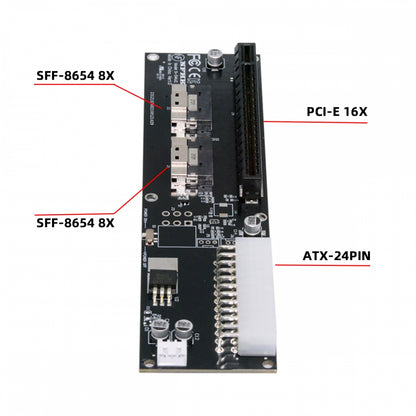 Dual Slimline 8X SFF-8654 74Pin VROC to PCIE PCI-Express 16x Adapter with ATX 24Pin Power Switch Port for Mainboard Graphics Card