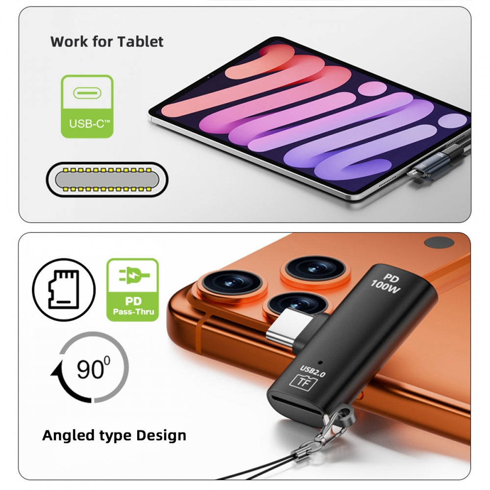 USB-C Type-C Host to 480Mbps TF Micro-SD T-Flash Card Reader OTG & 100W PD Power Adapter for Laptop Tablet Phone