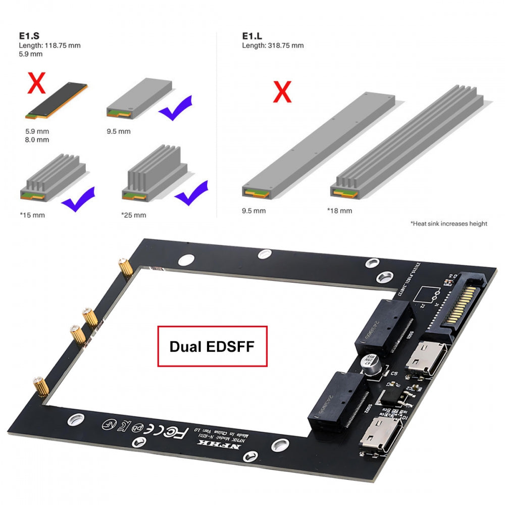 Dual SFF-8612 Oculink 4x Host to Dual Ruler 1U GEN-Z EDSFF 9.5mm 15mm 25mm Short SSD E1.S PCI-E with Heat Sink PM9A3 PM9D3 P5801X Carrier Adapter