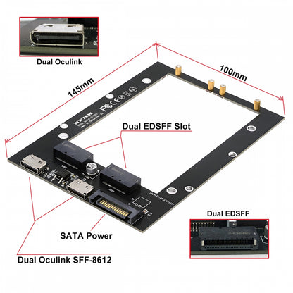 Dual SFF-8612 Oculink 4x Host to Dual Ruler 1U GEN-Z EDSFF 9.5mm 15mm 25mm Short SSD E1.S PCI-E with Heat Sink PM9A3 PM9D3 P5801X Carrier Adapter