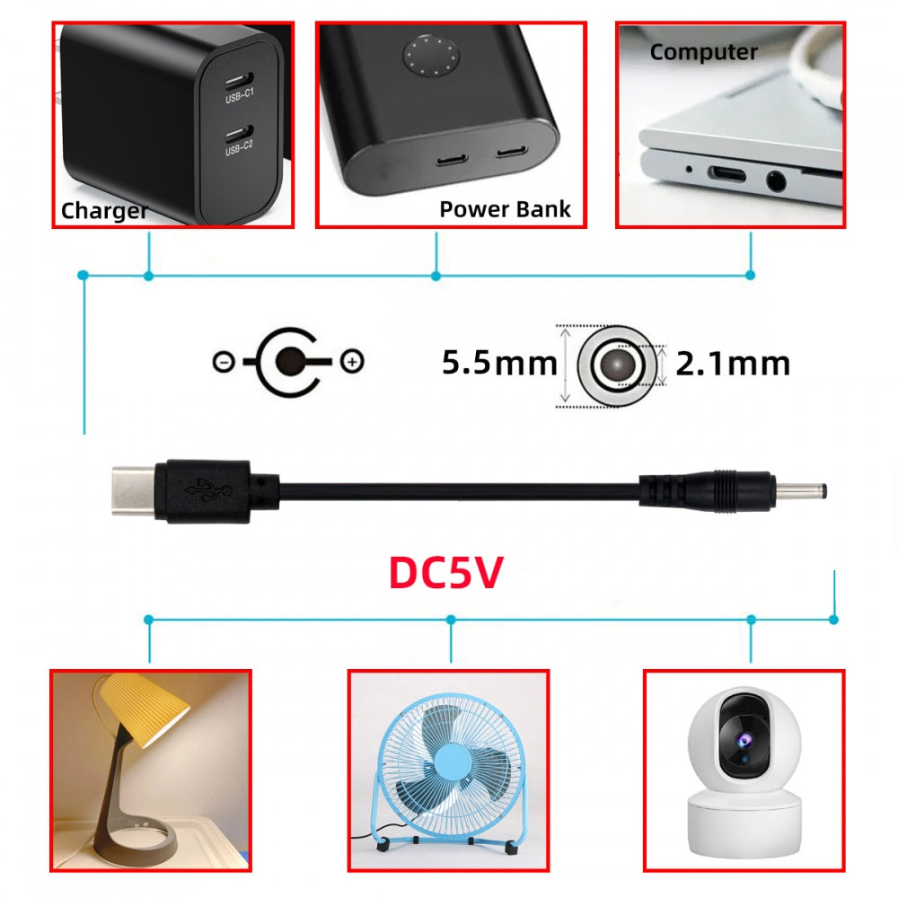 Type C USB-C Input with 5.1K Resistor to 5V DC 5.5*2.1mm Output Power Charge Cable 100cm for DC5V Desk Lamp Fan Camera