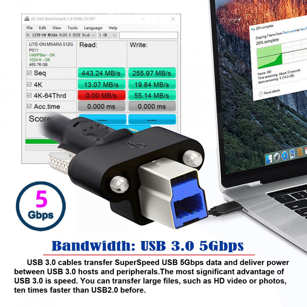 USB 3.0 Type-A Male to Type-B Thumbscrew Standard Male Mount Panel Type for Industrial Camera Robot Scanner Disk
