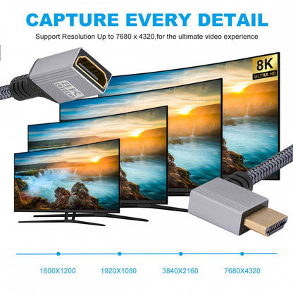 8K Type-A HDMI 2.1 Male 90 Degree Left Angled to HDMI Female Extension HDTV Cable for DV Camera Laptop Monitor