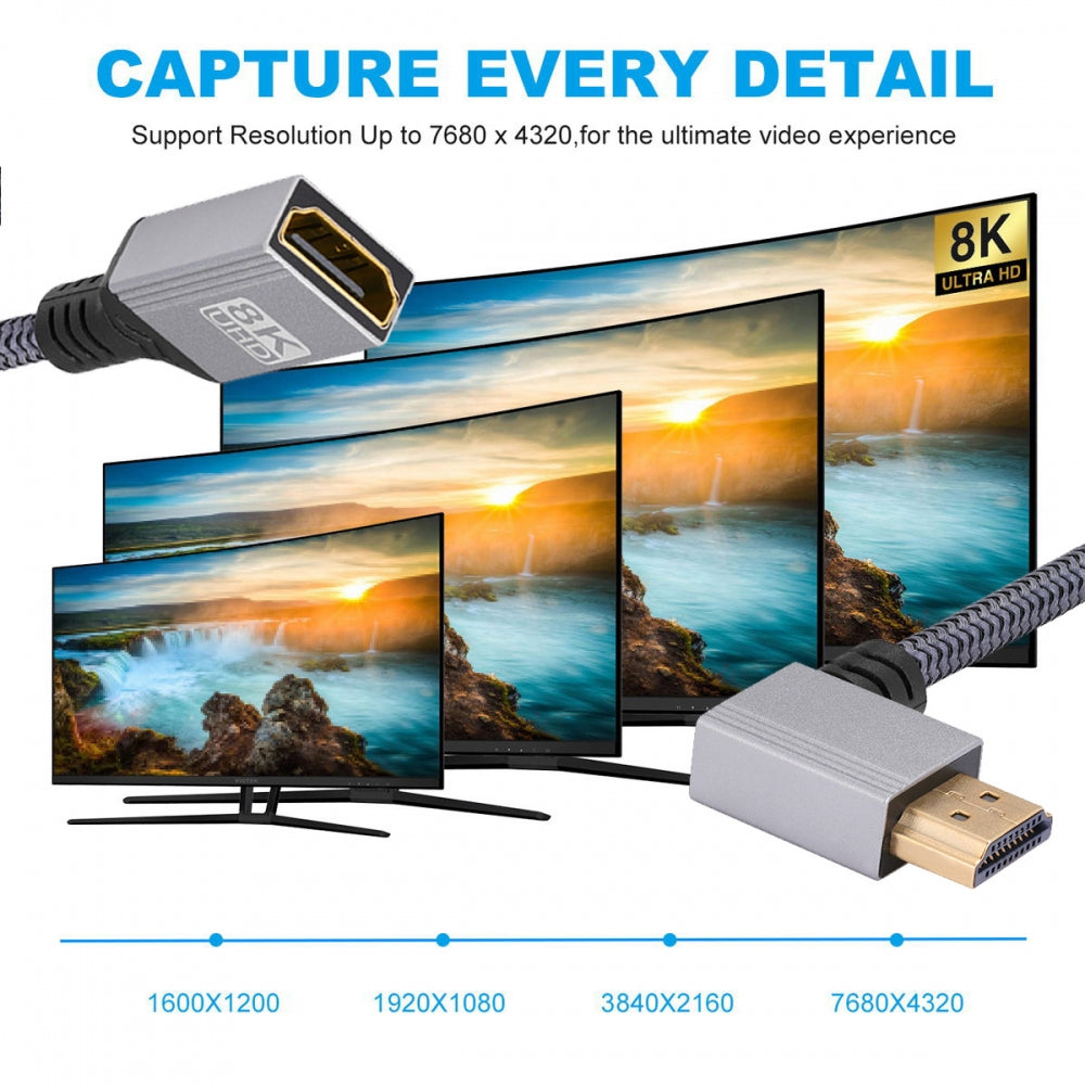 8K Type-A HDMI 2.1 Male 90 Degree Right Angled to HDMI Female Extension HDTV Cable for DV Camera Laptop Monitor