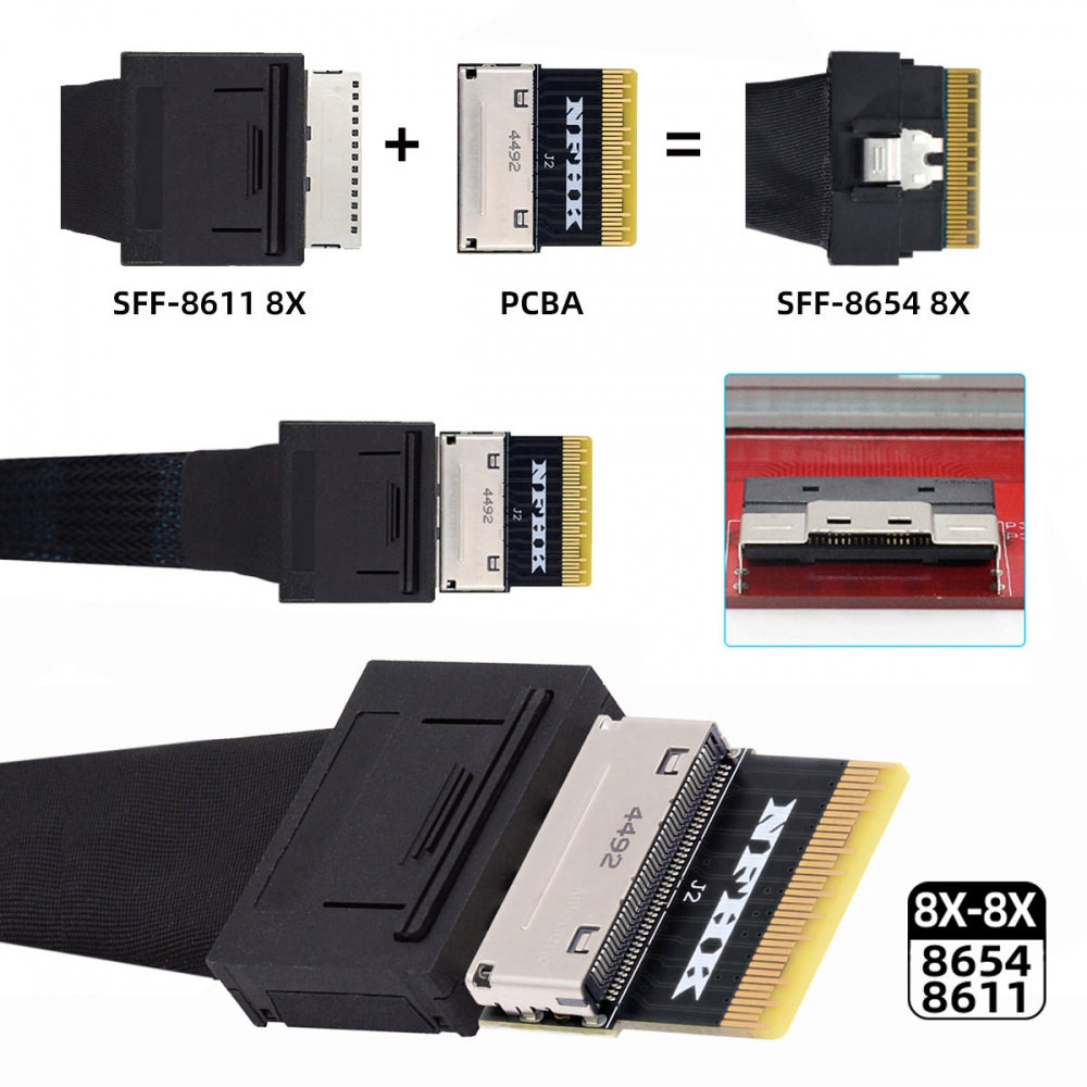 Oculink 8X Female SFF-8612 to SFF-8654 Male 8x Slimline SSD eGPU Data PCBA Adapter PCIe PCI-Express