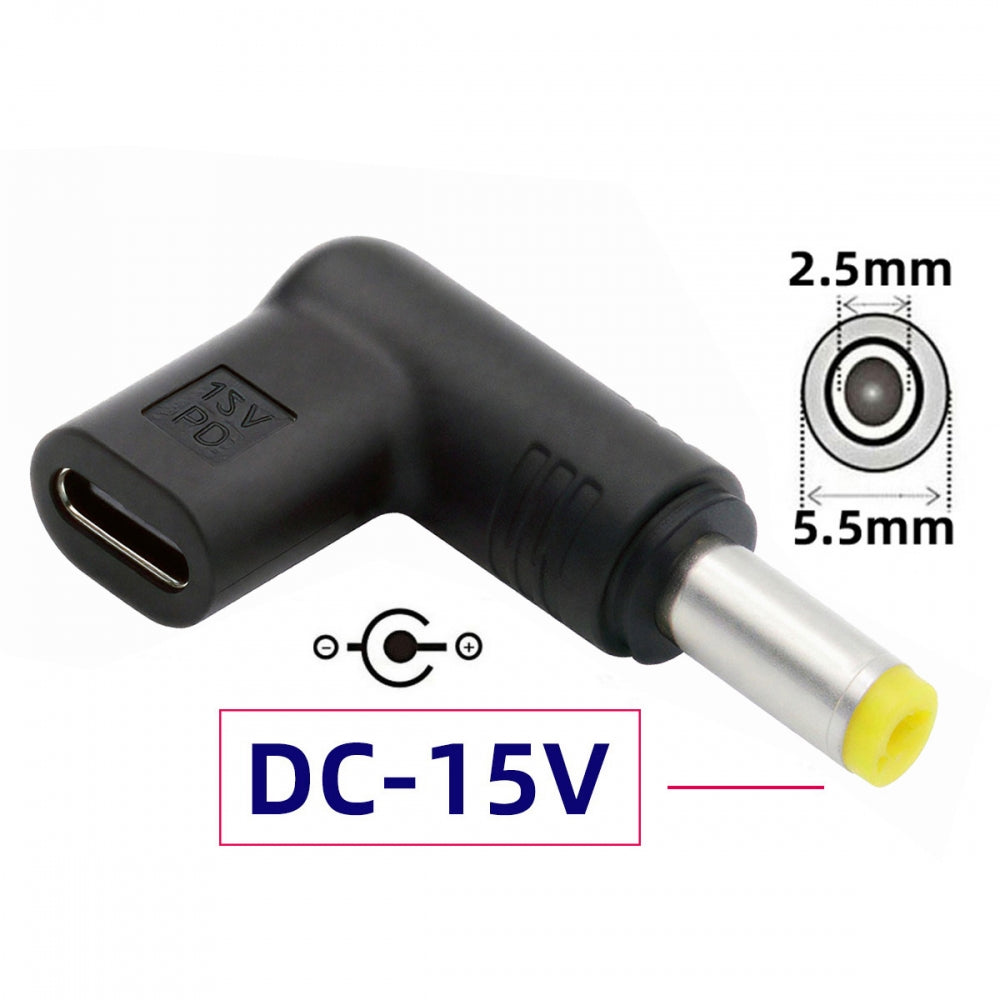 USB 3.1 Type C USB-C Female Input to DC 15V 5.5x2.5mm Plug Output Adapter PD Emulator Trigger 90 Degree Angled