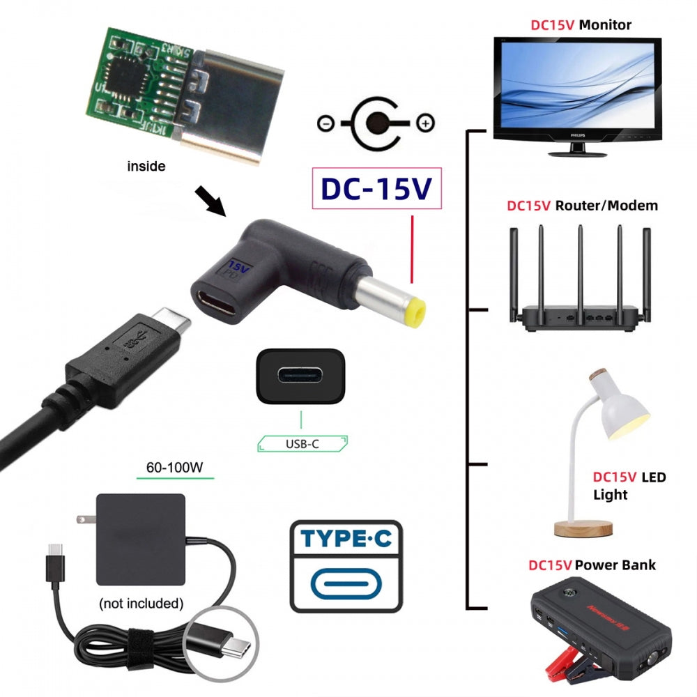USB 3.1 Type C USB-C Female Input to DC 15V 5.5x2.5mm Plug Output Adapter PD Emulator Trigger 90 Degree Angled