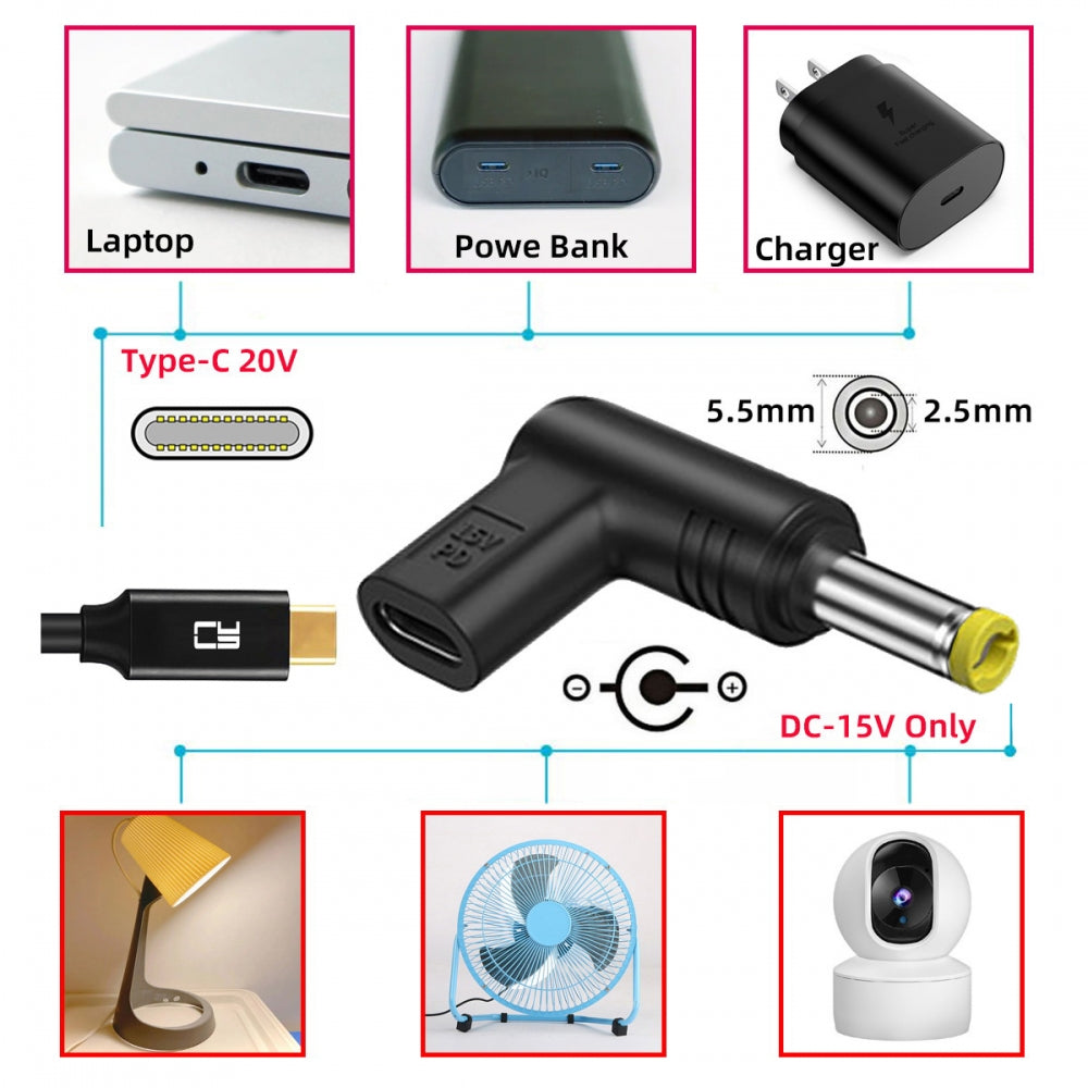 USB 3.1 Type C USB-C Female Input to DC 15V 5.5x2.5mm Plug Output Adapter PD Emulator Trigger 90 Degree Angled