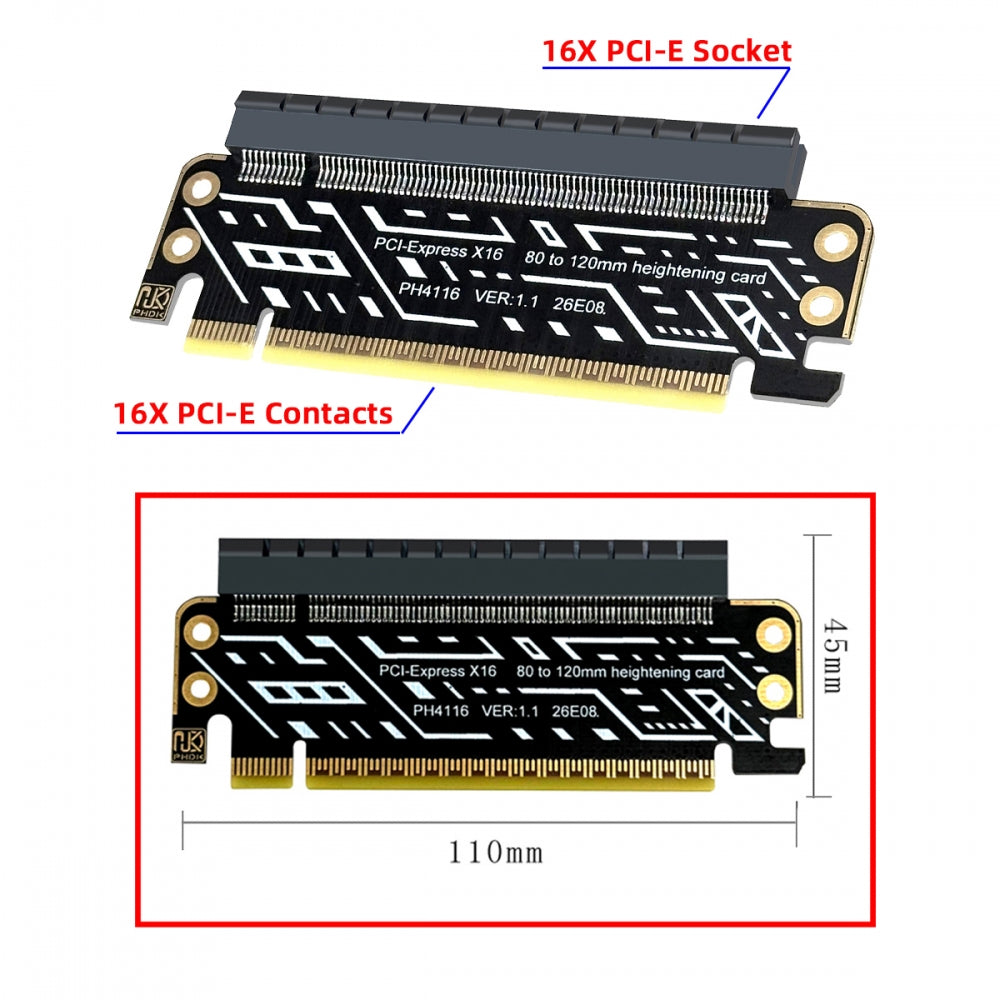 PCIe 4.0 PCI-Expresss 5.0 16x Male to Female Riser Extended Card Adapter 80mm Low Profile to 120mm Bracket 1U to 2U