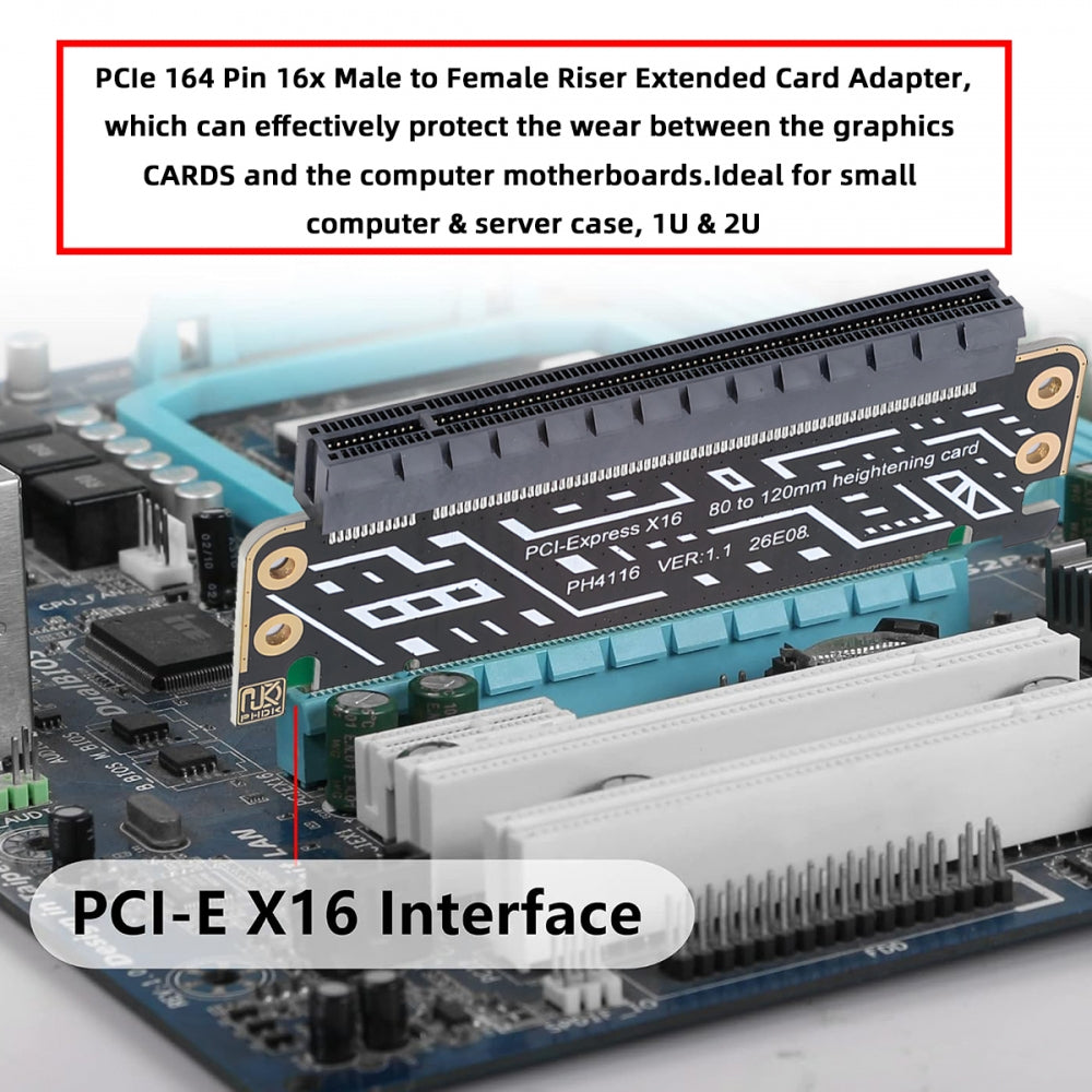 PCIe 4.0 PCI-Expresss 5.0 16x Male to Female Riser Extended Card Adapter 80mm Low Profile to 120mm Bracket 1U to 2U