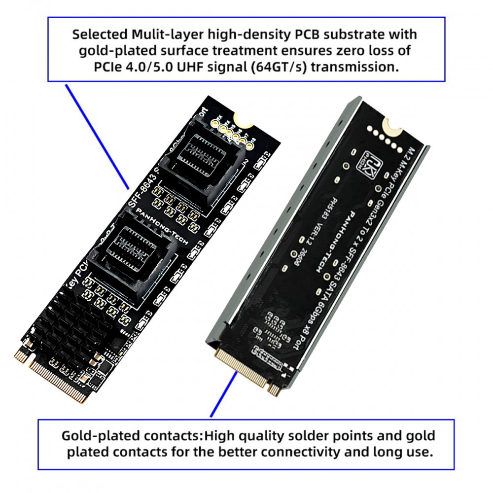 NGFF NVME M-Key PCI Express to Dual SFF-8643 Slimline 8-Ports SATA 3.0 6Gbps Adapter Converter Hard Drive Extension Card 2280