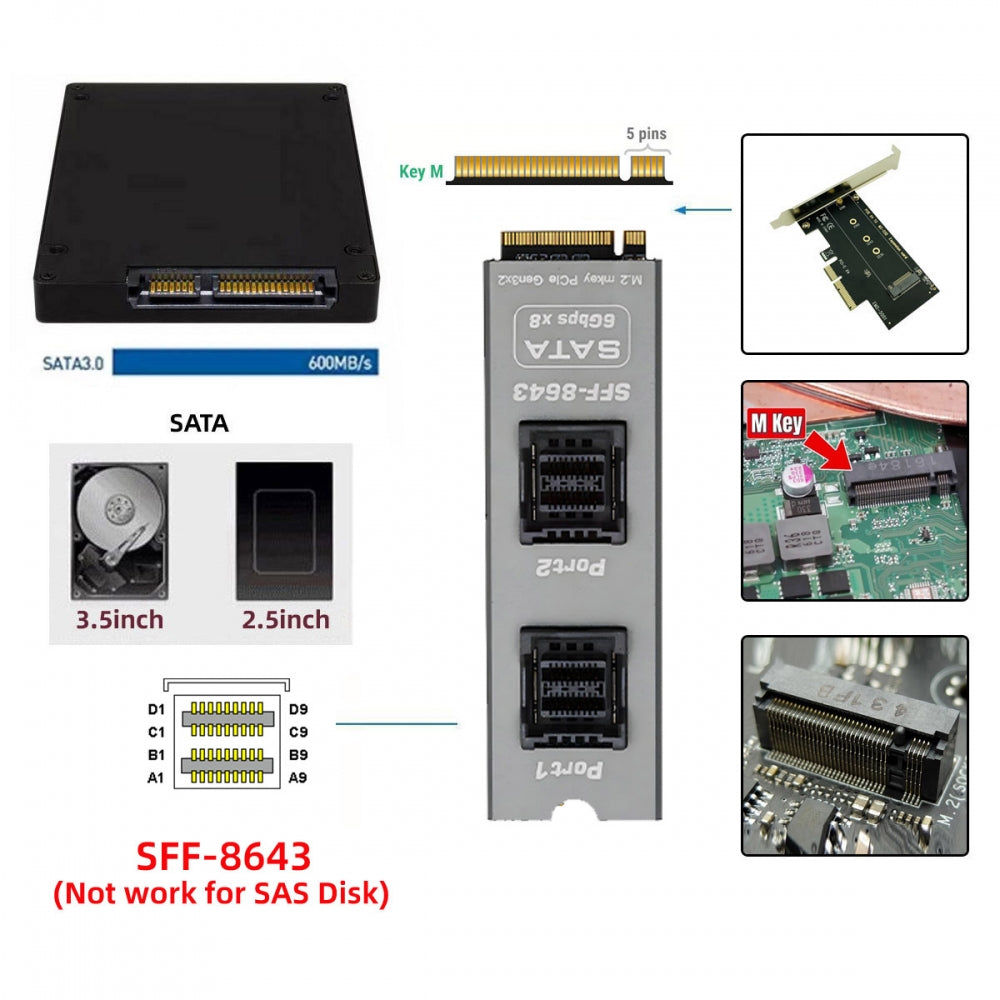 NGFF NVME M-Key PCI Express to Dual SFF-8643 Slimline 8-Ports SATA 3.0 6Gbps Adapter Converter Hard Drive Extension Card 2280