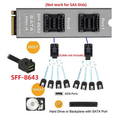 NGFF NVME M-Key PCI Express to Dual SFF-8643 Slimline 8-Ports SATA 3.0 6Gbps Adapter Converter Hard Drive Extension Card 2280