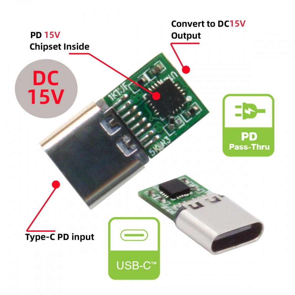 USB 3.1 Type C USB-C Female Input to DC 15V 4.0x1.7mm Plug Output Adapter PD Emulator Trigger 90 Degree Angled