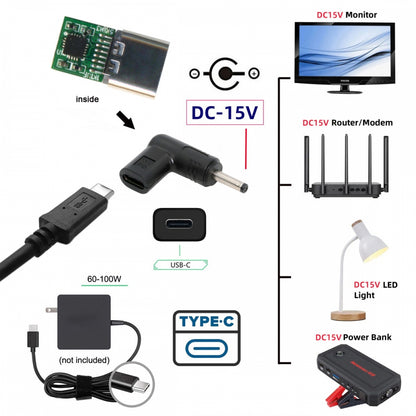 USB 3.1 Type C USB-C Female Input to DC 15V 3.5x1.3mm Plug Output Adapter PD Emulator Trigger 90 Degree Angled