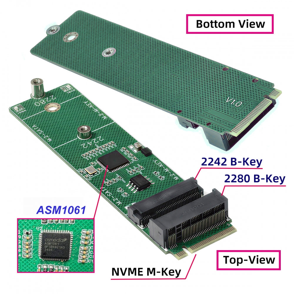 NGFF NVME M-Key Riser Card to Dual Ports 2242 2280 NGFF Key-B B+M SSD Adapter PCIE Packet Switch Compatible with NAS Industrial Control Motherboard