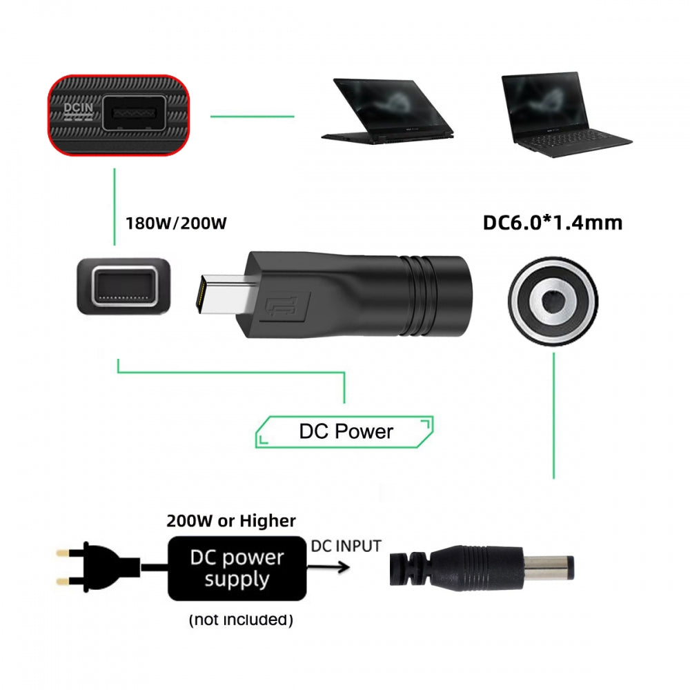 180W 200W Power DC Jack 6.0*1.4mm Input to Flow 14 16 Air Rectangle Plug Charge Adapter Compatible with ROG Laptop