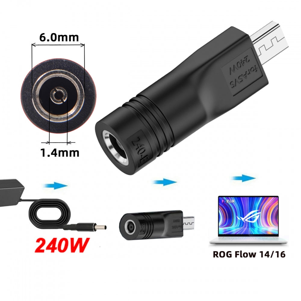 240W Power DC Jack 6.0*1.4mm Input to Flow Z13 14 16 Air Rectangle Plug Charge Adapter Compatible with ROG Laptop