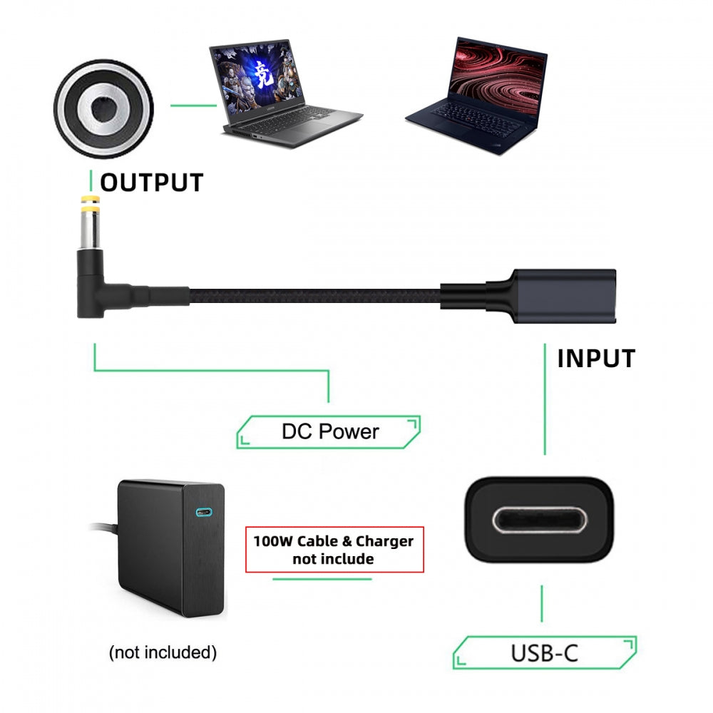 100W Type-C USB-C Female Input to DC 5.5*2.5mm Plug Output Power 20V 5A PD Charge Cable 16cm for Laptop