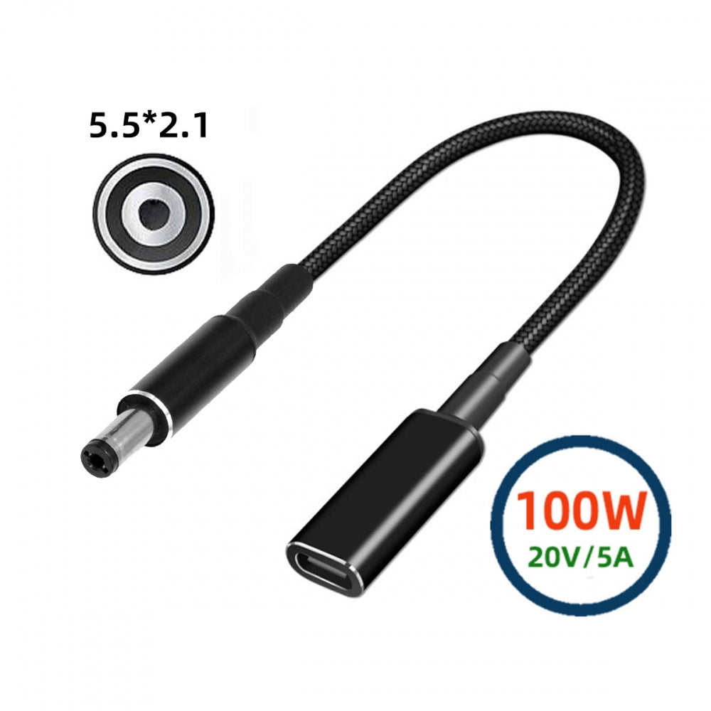 100W Type-C USB-C Female Input to DC 5.5*2.1mm Plug Output Power 20V 5A PD Charge Cable 16cm for Laptop