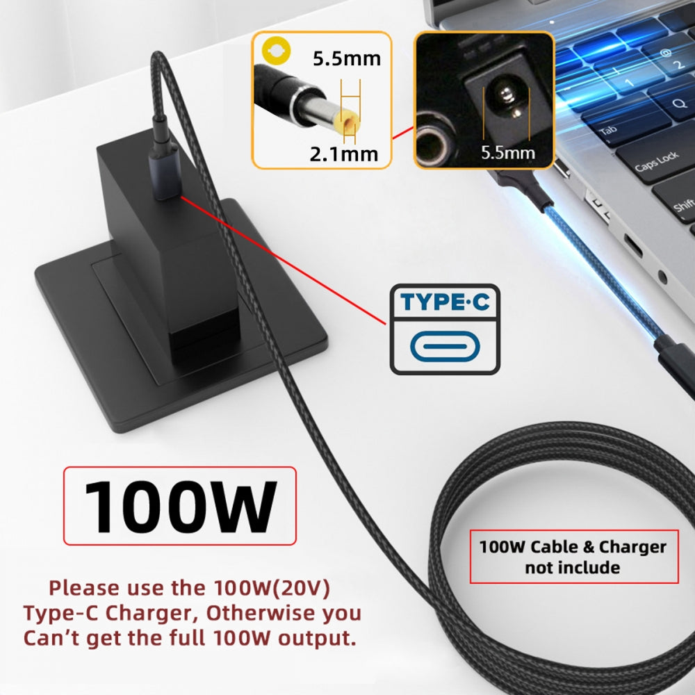 100W Type-C USB-C Female Input to DC 5.5*2.1mm Plug Output Power 20V 5A PD Charge Cable 16cm for Laptop
