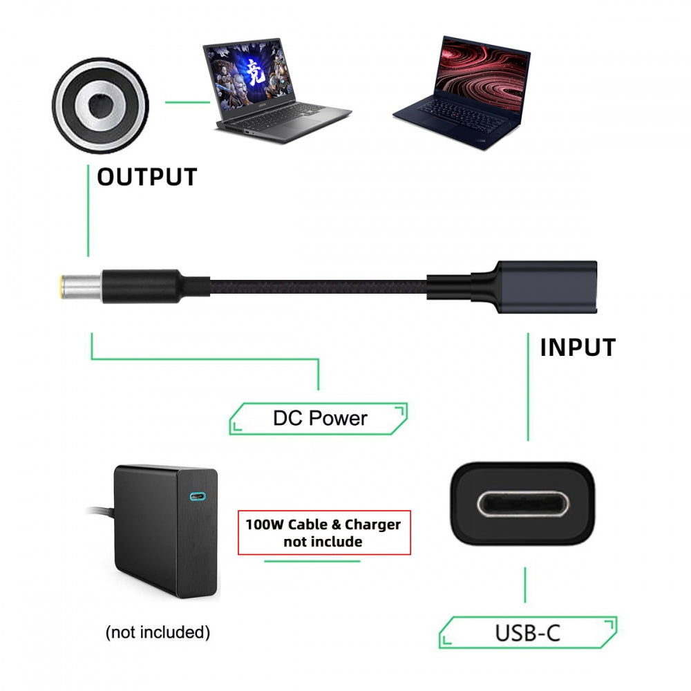 100W Type-C USB-C Female Input to DC 7.4*5.0mm Plug Output Power 20V 5A PD Charge Cable 16cm Compatible with DELL-Laptop