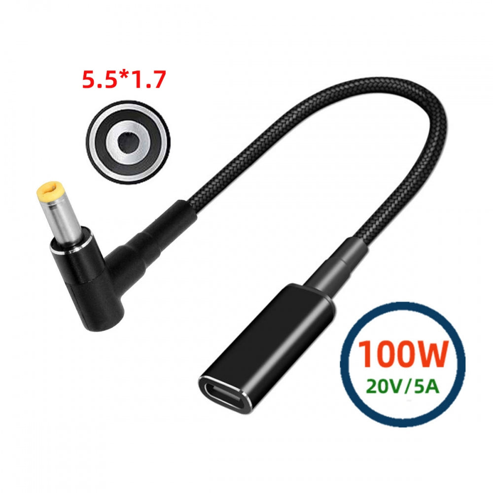 100W Type-C USB-C Female Input to DC 5.5*1.7mm Plug Output Power 20V 5A PD Charge Cable 16cm for Laptop