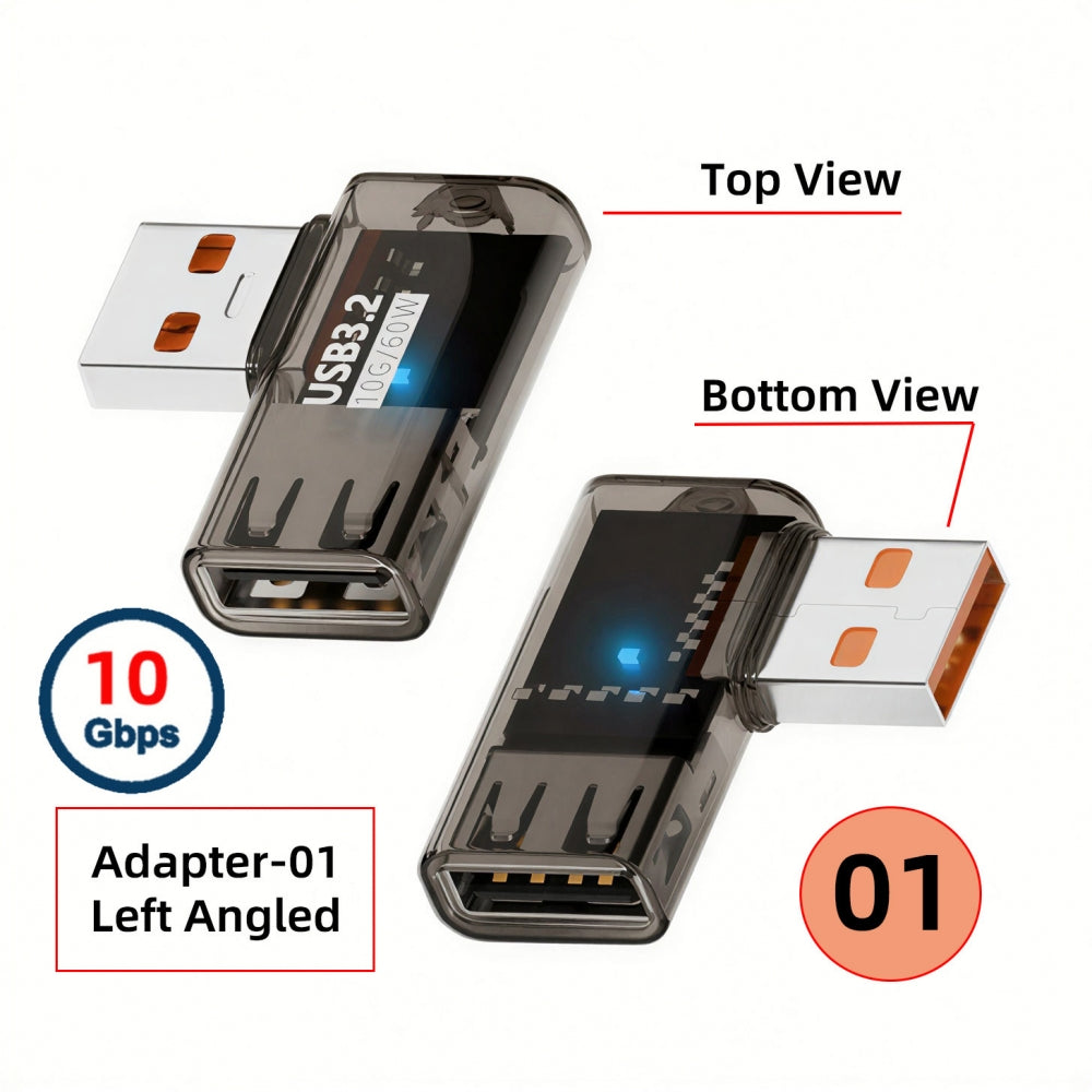 3pcs/lot Left Right Angled 10Gbps USB3.0 Male to Female Extension Power Data Adapter 90 Degree Type Transparent with Smart LED Light