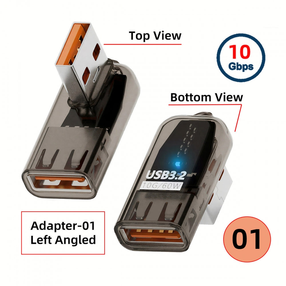 3pcs/lot Low Profile Right Left Angled Type 10Gbps USB3.0 Male to Female Extension Power Data Adapter 90 Degree Transparent with Smart LED Light