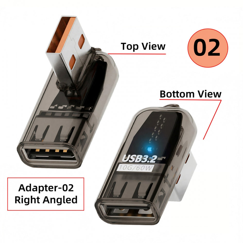 3pcs/lot Low Profile Right Left Angled Type 10Gbps USB3.0 Male to Female Extension Power Data Adapter 90 Degree Transparent with Smart LED Light