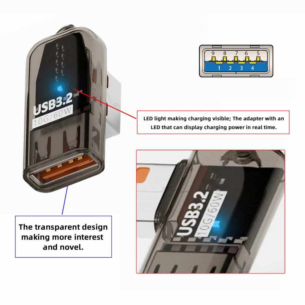 3pcs/lot Low Profile Right Left Angled Type 10Gbps USB3.0 Male to Female Extension Power Data Adapter 90 Degree Transparent with Smart LED Light