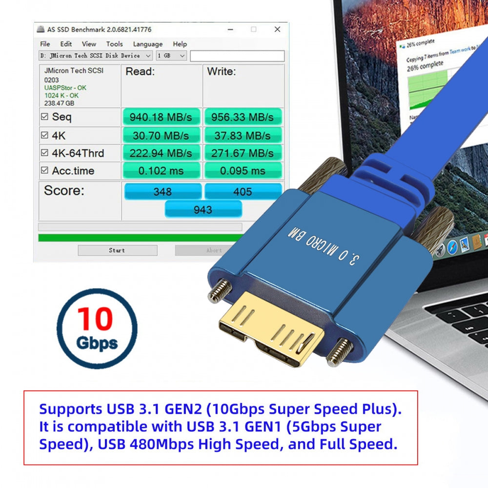 Ultra Flat Slim USB 3.0 Type-A Male to Micro-USB 3.0 Male Cable Data with Dual Thumbscrew 10Gbps for Vision Camera SSD