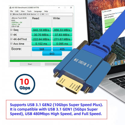 Ultra Flat Slim USB 3.0 Type-A Male to Micro-USB 3.0 Male Cable Data with Dual Thumbscrew 10Gbps for Vision Camera SSD
