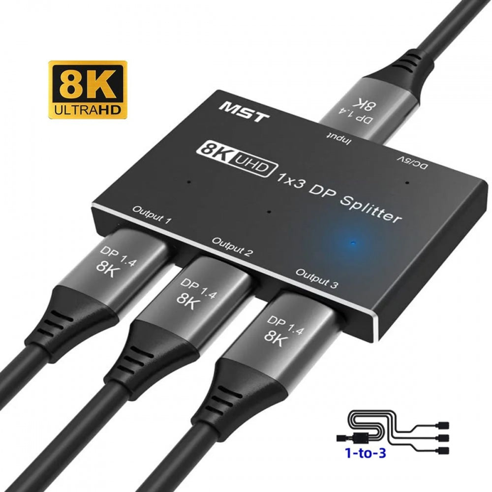 DisplayPort 2.0 DP 1-to-3 Triple Displays Extends HUB Splitter Support HDCP SST Extended 8K@60hz Convertor