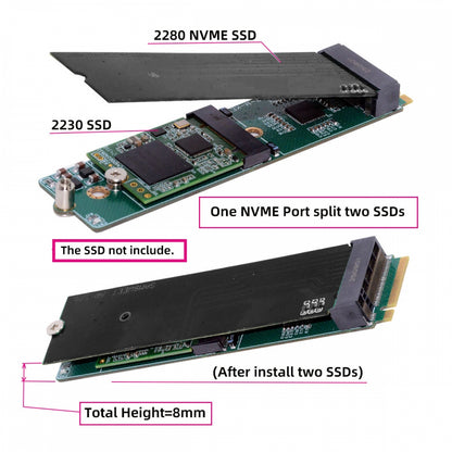 NGFF NVME M-Key Riser Card to Dual Ports M.2 NGFF Key-M NVME SSD Adapter PCIE Packet Switch Compatible with NAS Industrial Control Motherboard