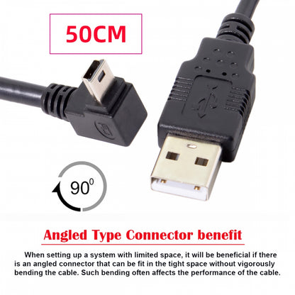 Mini USB2.0 Type-B 5Pin Male Down Angled 90 Degree Connector to USB 2.0 Type-A Male Power Data Cable for Camera GPS MP3 MP4 (50cm)