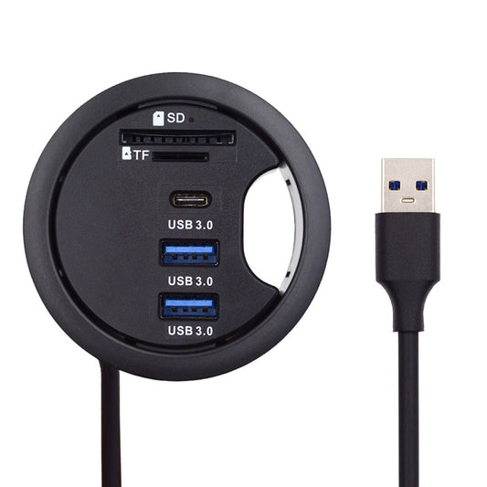 USB 3.0 Hub with Sound Card 60mm Desk Grommet Dock, USB-C 2-Port Splitter Headphone Mic Audio Interface for Desktop PC