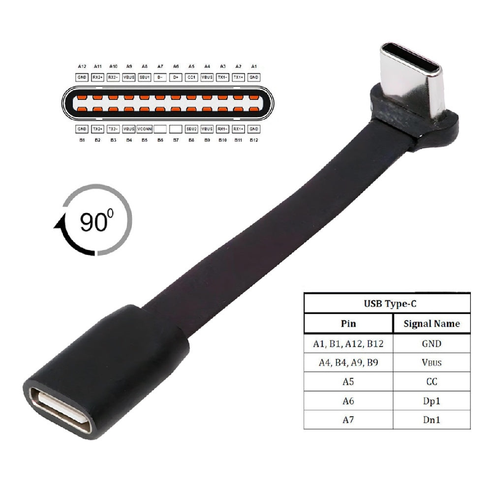 cablecc USB-C Type-C Ultra Slim Flat 65W Fast Charge Extension Power USB2.0 Data Cable Up Down Angled for Laptop Tablet Phone