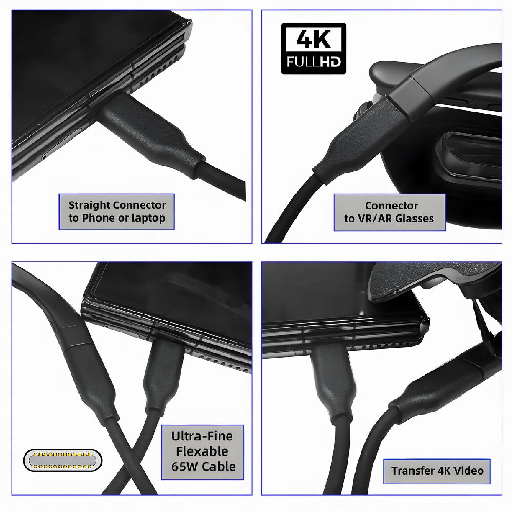 10Gbps Data USB-C Cable, 4K Video Output PD 65W Charging, Ultra-Fine Flexible Cord for VR AR Glasses NS Handheld Console