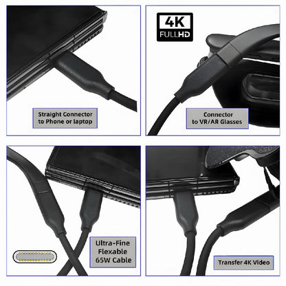 10Gbps Data USB-C Cable, 4K Video Output PD 65W Charging, Ultra-Fine Flexible Cord for VR AR Glasses NS Handheld Console